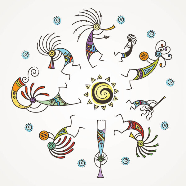 Hand drawn Kokopelli circle. Stylized mythical characters playing flutes.