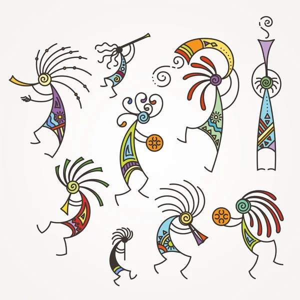 Figuras de Kokopelli dibujadas a mano. Personajes míticos estilizados tocando flautas . — Vector de stock