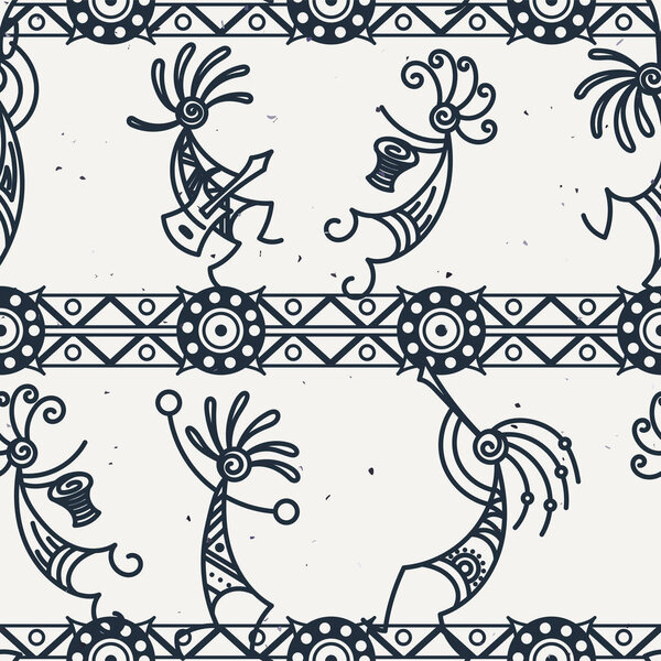 Hand drawn Kokopelli seamless pattern. Stylized mythical characters playing flutes.