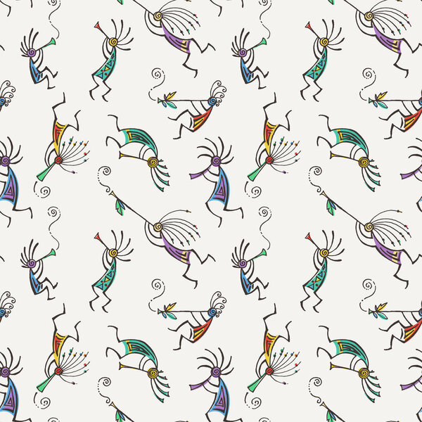 Hand drawn Kokopelli seamless pattern. Stylized mythical characters playing flutes.