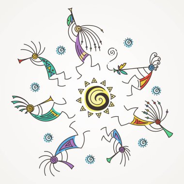 El çizilmiş Kokopelli daire. Flüt oynarken stilize efsanevi karakterler.