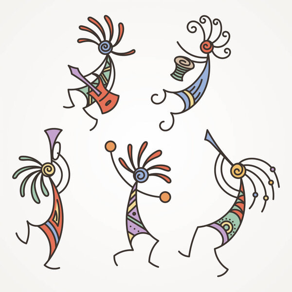 Hand drawn Kokopelli figures. Stylized mythical characters playing flutes.