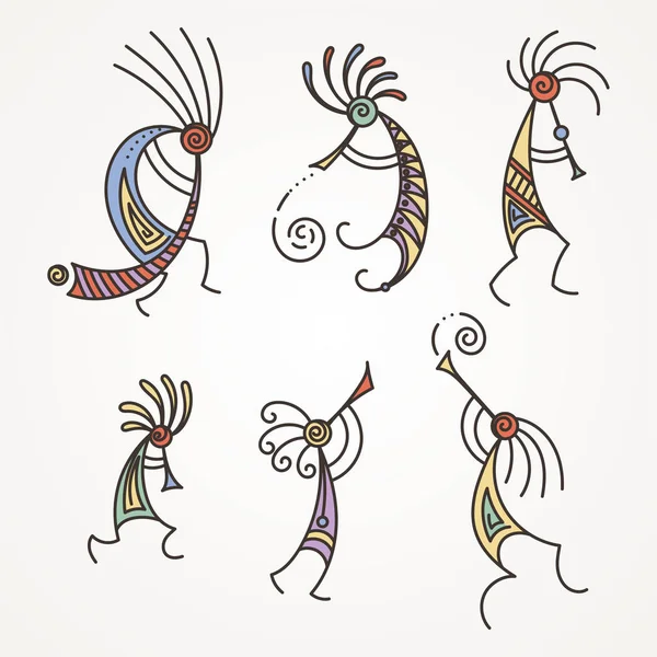 Hand getekende Kokopelli figuren. Gestileerde mythische karakters spelen fluiten. — Stockvector