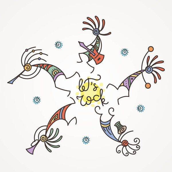 Hand drawn Kokopelli circle. Stylized mythical characters playing flutes.