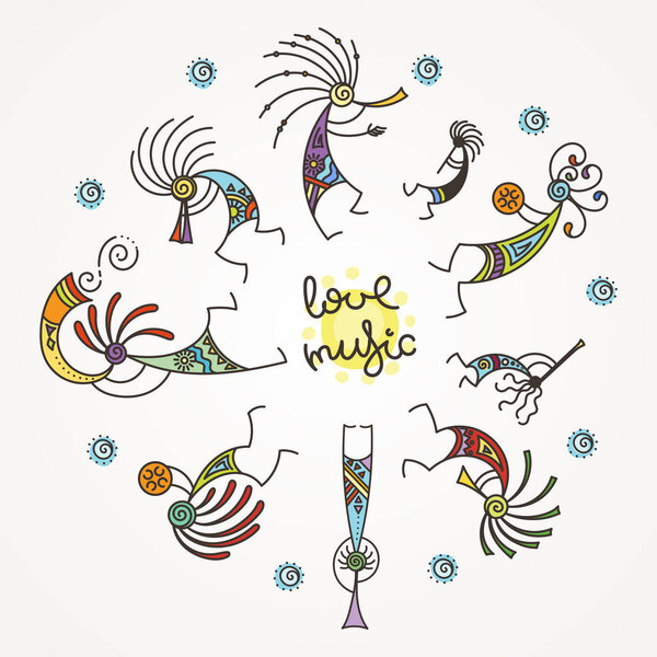 Hand drawn Kokopelli circle. Stylized mythical characters playing flutes.