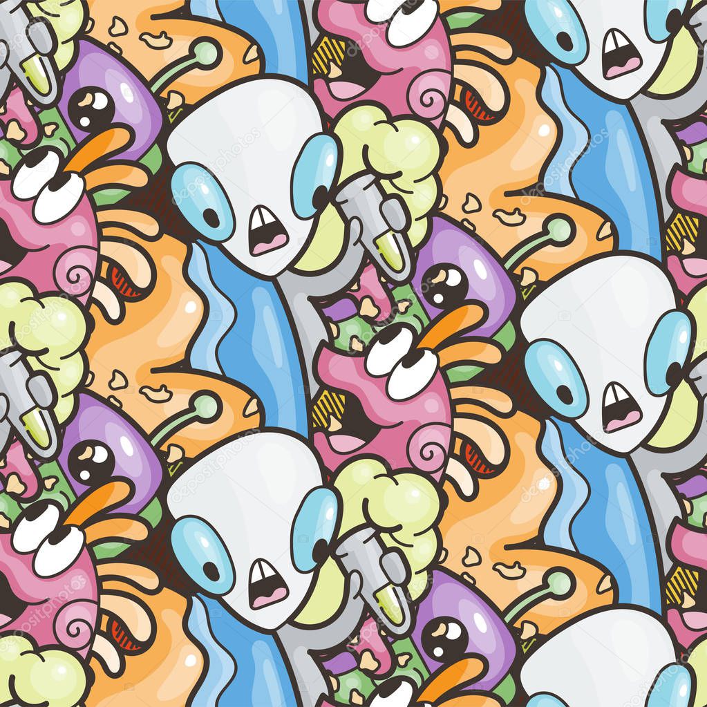 Seamless pattern with cute aliens and monsters. Nice for prints, cards, designs and coloring books