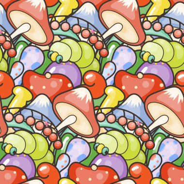 Mantar ile Sevimli sorunsuz orman deseni. Baskılar, tasarım, boyama, kartlar, tekstil için nice