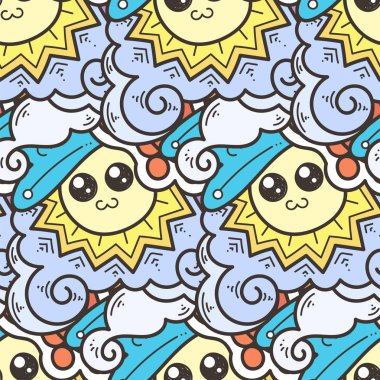 Sevimli çizgi canavarlar ve hayvanlar ile sorunsuz vektör desen. Ambalaj, ambalaj kağıdı, boyama sayfaları, duvar kağıdı, kumaş, moda, ev dekorasyonu, baskı vb için güzel