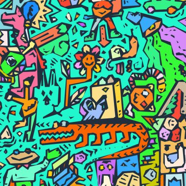 Karikatür sevimli doodle el grunge illüstrasyon çizilmiş. Çizgi resmi ayrıntılı karalama, nesneleri ve çizgiler arka plan çok