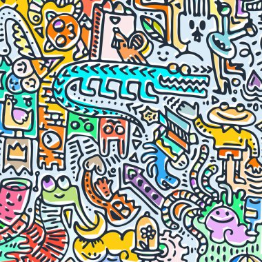 Karikatür sevimli doodle el grunge illüstrasyon çizilmiş. Çizgi resmi ayrıntılı karalama, nesneleri ve çizgiler arka plan çok