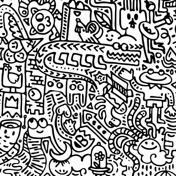 Dessin animé gribouillis mignon illustration grunge dessinée à la main. Art linéaire gribouiller détaillé, avec beaucoup d'objets et de lignes arrière-plan — Image vectorielle