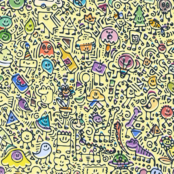 Cartoon niedliche Doodles handgezeichnete Grunge-Illustration. Zeilenkunst Kritzeln detailliert, mit vielen Objekten und Linien Hintergrund — Stockvektor
