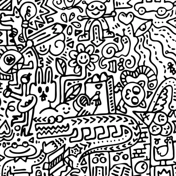 Desenhos animados bonito doodles mão desenhada grunge ilustração. Roteiro de arte de linha detalhado, com muitos objetos e linhas de fundo — Vetor de Stock