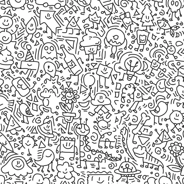Cartoon cute corat-coret tangan ditarik grunge ilustrasi. Garis seni coretan rinci, dengan banyak objek dan garis latar belakang - Stok Vektor