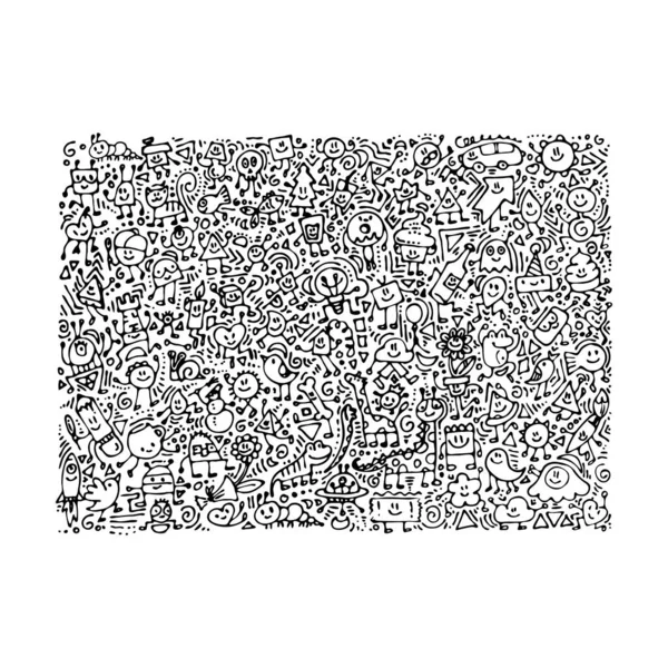 การ์ตูนน่ารัก doodles มือวาดภาพวาดกรานจ์ บันทึกงานศิลปะบรรทัดอย่างละเอียด มีวัตถุและพื้นหลังบรรทัดมากมาย — ภาพเวกเตอร์สต็อก