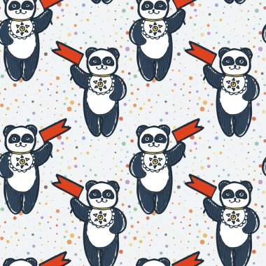 Dikişsiz sevimli desen. Pennon'lu panda. Karikatür el çizilmiş vektör illüstrasyon
