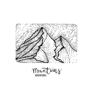 Dağ macerası. Dağlar ile el çizilmiş grunge etiket