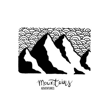 Dağ macerası. Dağlar ile el çizilmiş grunge etiket