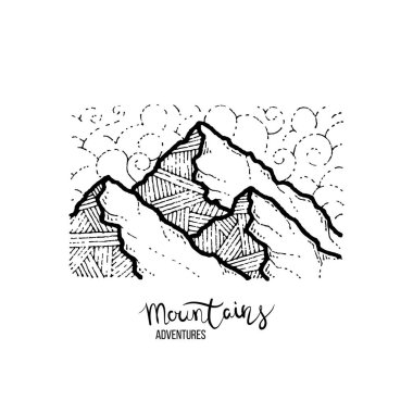 Dağ macerası. Dağlar ile el çizilmiş grunge etiket