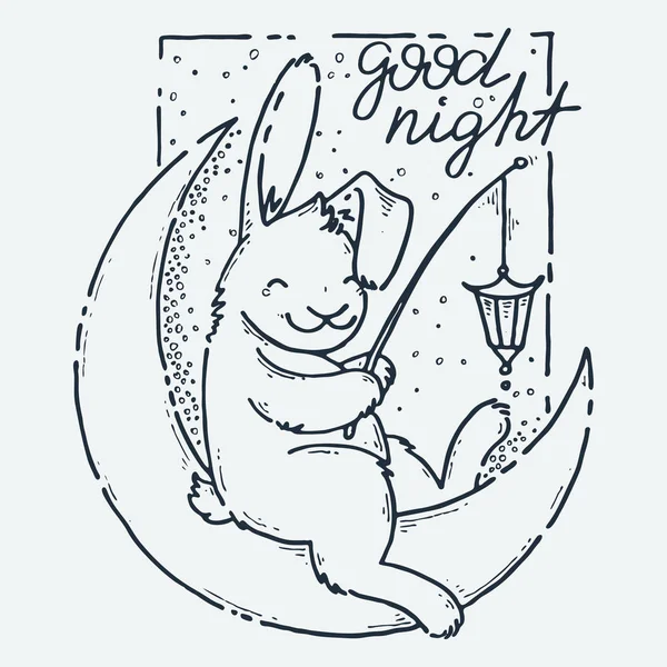 Jó éjszakát. Aranyos nyúl a Holdon lámpással. Cartoon kézzel rajzolt vektor illusztráció — Stock Vector
