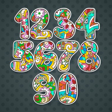 Desenli el çekilmiş sayılar seti. Komik Doodle kontur matematik işaretler