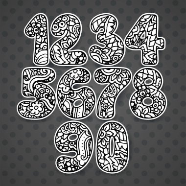 Desenli el çekilmiş sayılar seti. Komik Doodle kontur matematik işaretler
