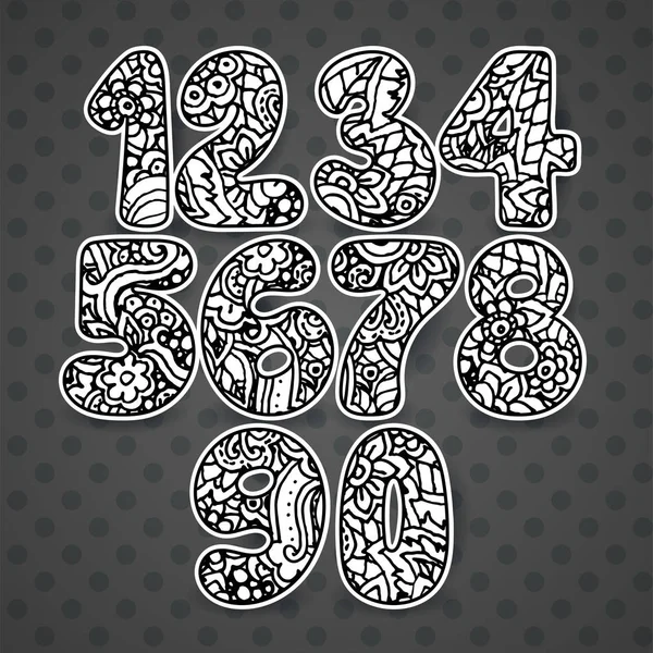 Set of patterned hand drawn numbers. Funny doodle contour math signs — Stock Vector