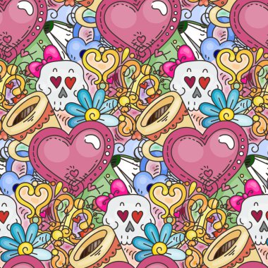Aşk tarzı Doodles ile Graffiti Dikişsiz desen. Çocukça Swag ve çılgın elemanları ile vektör arka plan