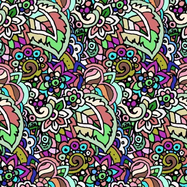 Vektör el çizilmiş çizgi sorunsuz Illustration soyut renkli çiçek ve yaprakları