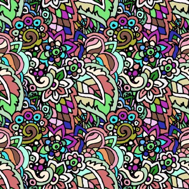 Vektör el çizilmiş çizgi sorunsuz Illustration soyut renkli çiçek ve yaprakları