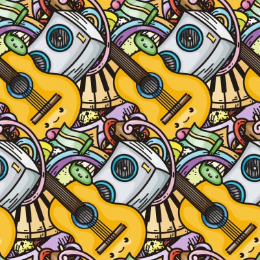 Karikatür sevimli müzik Doodles. Ayrıntılı, birçok nesne arka plan ile