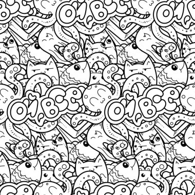 Sevimli çizgi canavarlar ve hayvanlar ile sorunsuz vektör desen. Ambalaj, ambalaj kağıdı, boyama sayfaları, duvar kağıdı, kumaş, moda, ev dekorasyonu, baskı vb için güzel