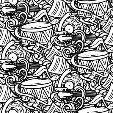 Karikatür sevimli müzik Doodles. Ayrıntılı, birçok nesne arka plan ile
