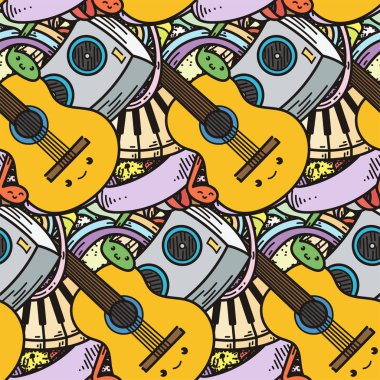 Karikatür sevimli müzik Doodles. Ayrıntılı, birçok nesne arka plan ile