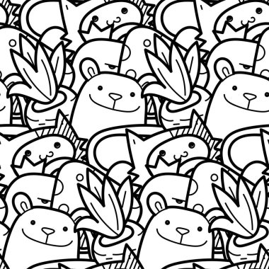 Sevimli çizgi canavarlar ve hayvanlar ile sorunsuz vektör desen. Ambalaj, ambalaj kağıdı, boyama sayfaları, duvar kağıdı, kumaş, moda, ev dekorasyonu, baskı vb için güzel