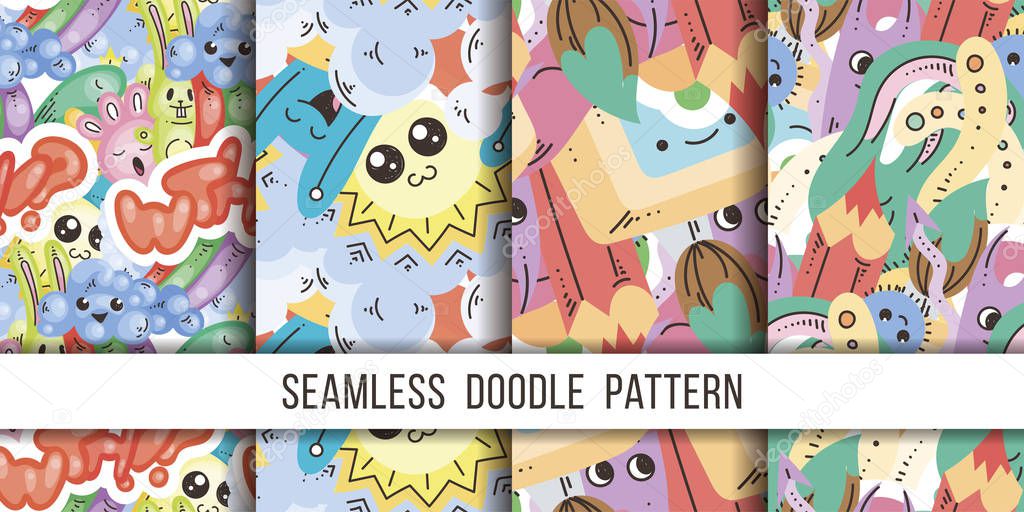 Collection of funny doodle monsters seamless pattern for prints, designs and coloring books