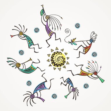 El çizilmiş Kokopelli daire. Flüt oynarken stilize efsanevi karakterler.