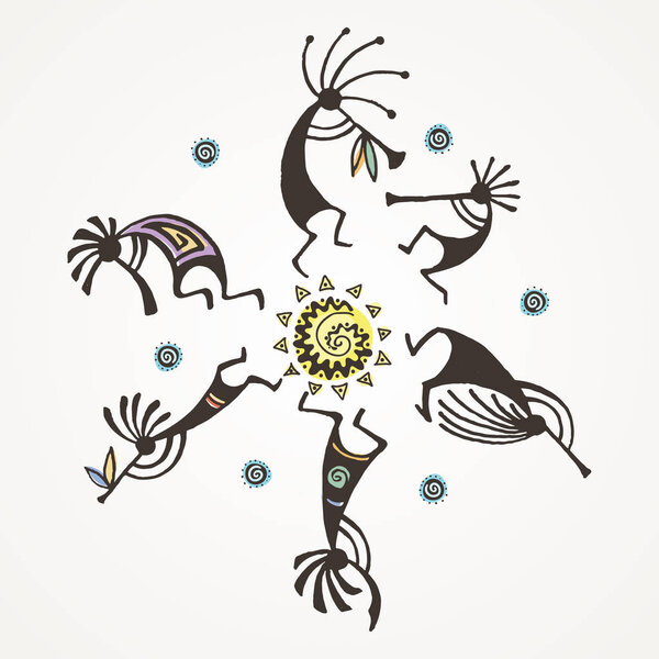 Hand drawn Kokopelli circle. Stylized mythical characters playing flutes.