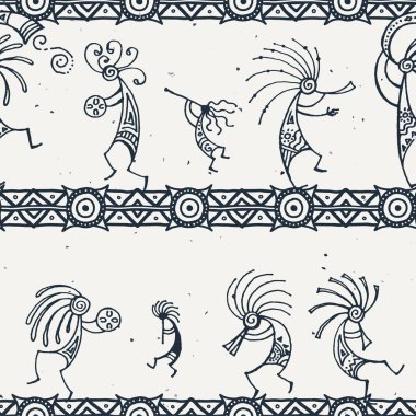 El kokopelli dikişsiz desen çizilmiş. Flüt oynayan stilize efsanevi karakterler.