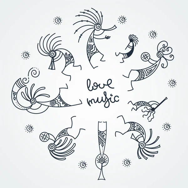 Círculo Kokopelli dibujado a mano. Personajes míticos estilizados tocando flautas . — Vector de stock