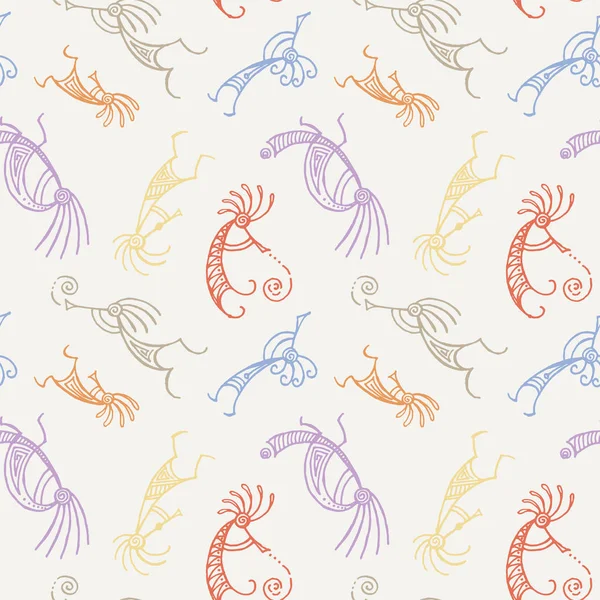 Modèle sans couture Kokopelli dessiné à la main. Personnages mythiques stylisés jouant des flûtes . — Image vectorielle