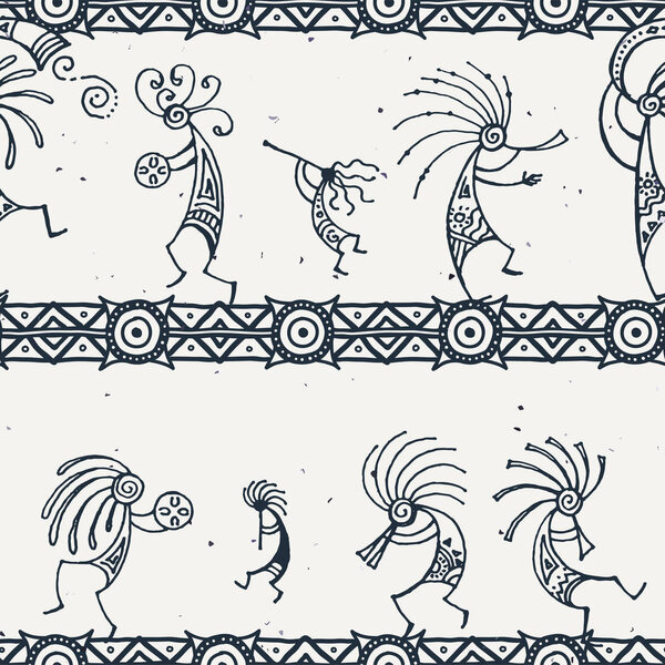 Hand drawn Kokopelli seamless pattern. Stylized mythical characters playing flutes.