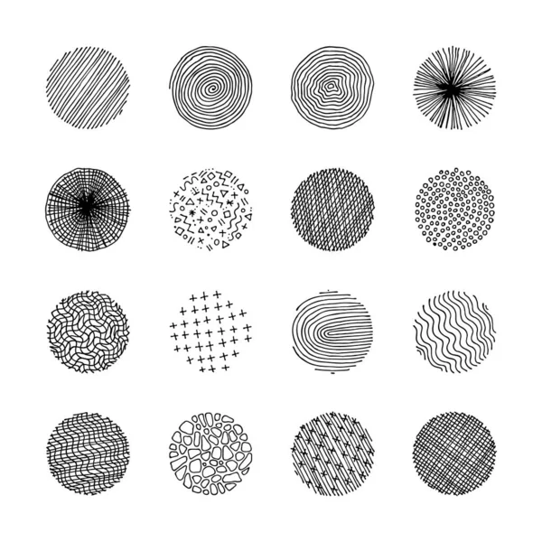 Artistic set of handcrafted design circle elements. Wavy line textures, paint dabs — Stock Vector