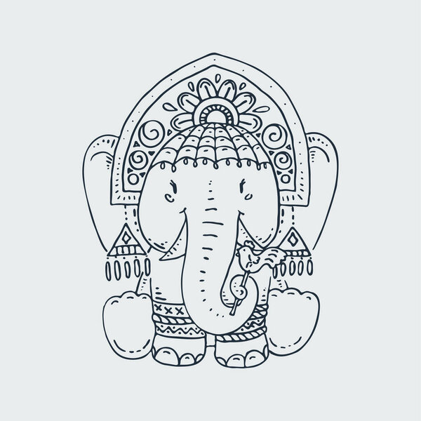 Cute circus elephant in a kokoshnik and bracelets. Hand drawn vector illustration