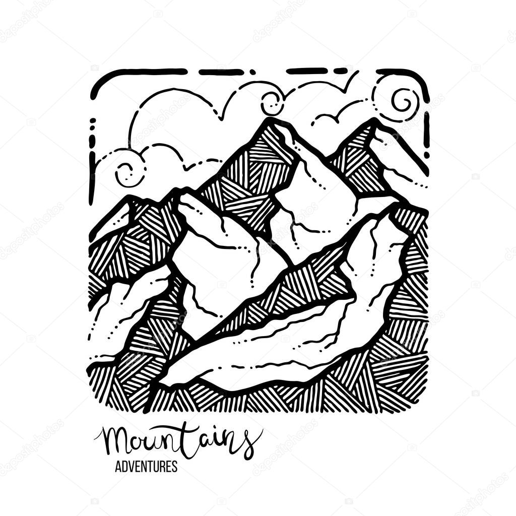 Mountain Adventures. Vector grunge hand drawn landscape. Sketch lined illustration