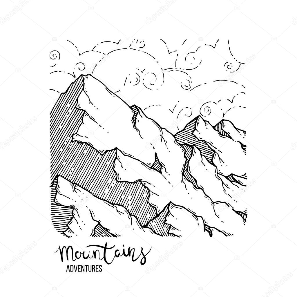 Mountain Adventures. Vector grunge hand drawn landscape. Sketch lined illustration