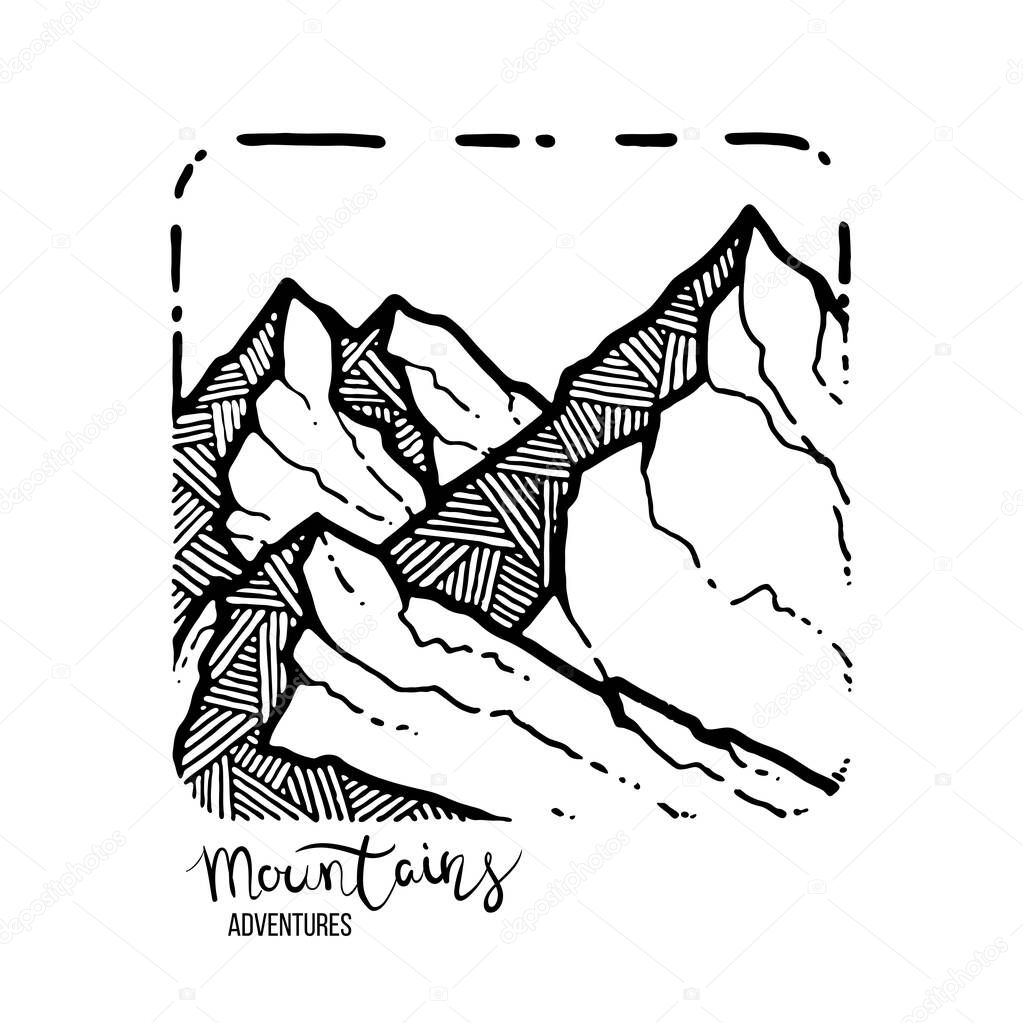 Mountain Adventures. Vector grunge hand drawn landscape. Sketch lined illustration