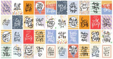 Büyük el çizilmiş hat kart seti. Vektör çizimi. Broşür, broşür ve şablon koleksiyonu. Harfli, desenli ve süslemeli İskandinav kartları tasarımı.