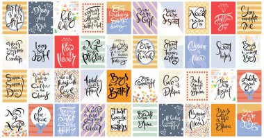 Büyük el çizilmiş hat kart seti. Vektör çizimi. Broşür, broşür ve şablon koleksiyonu. Harfli, desenli ve süslemeli İskandinav kartları tasarımı.