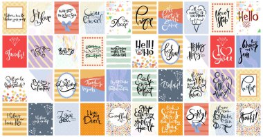 Büyük el çizilmiş hat kart seti. Vektör çizimi. Broşür, broşür ve şablon koleksiyonu. Harfli, desenli ve süslemeli İskandinav kartları tasarımı.